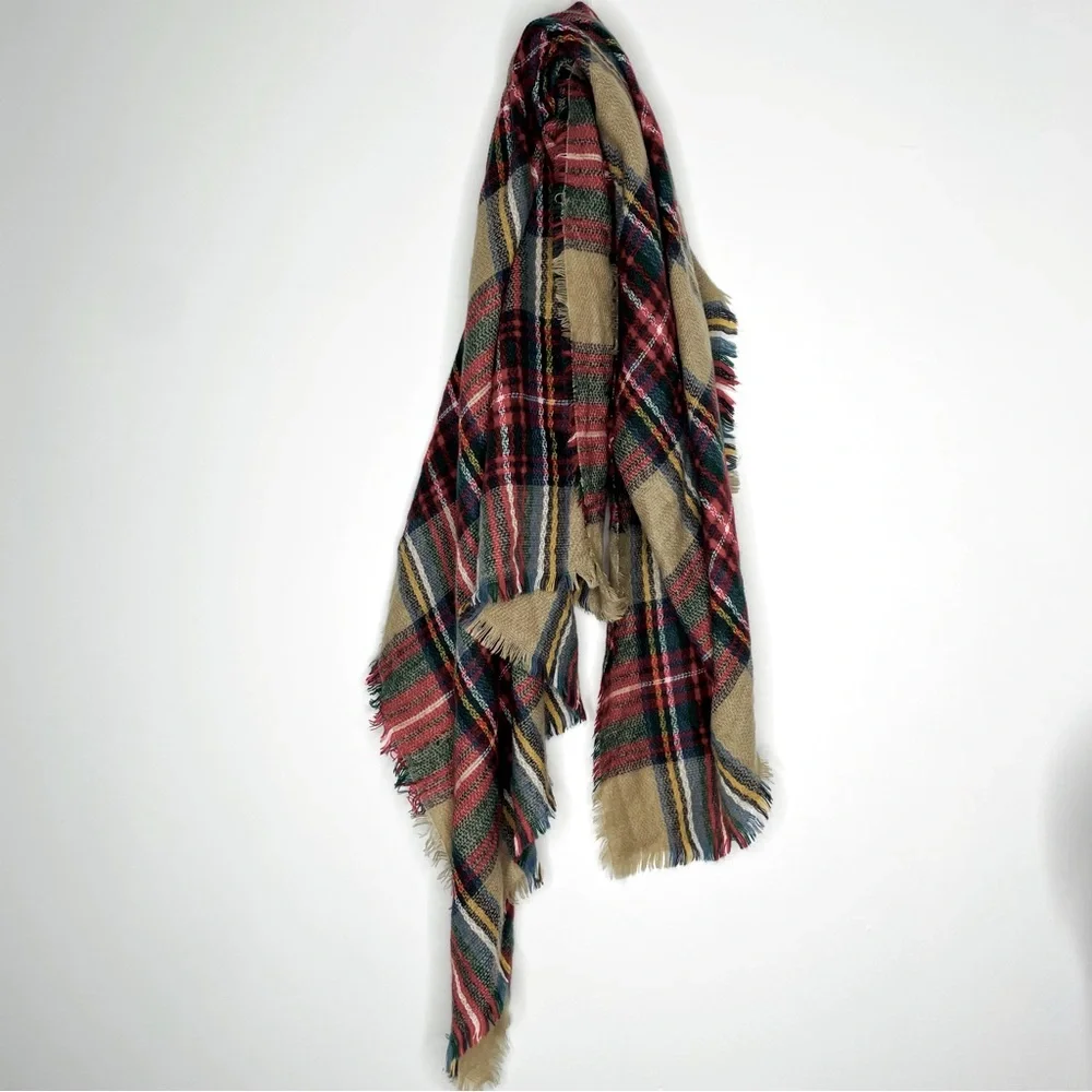 Vintage plaid multicolor blanket scarf fringe detailing perfect for Fall Winter